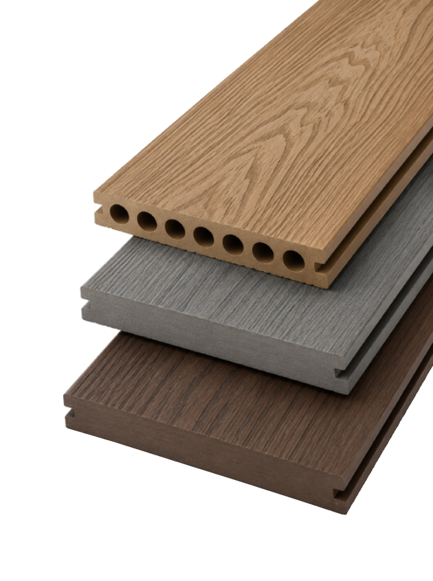 Three WPC composite decking boards in teak, grey, and dark brown finishes