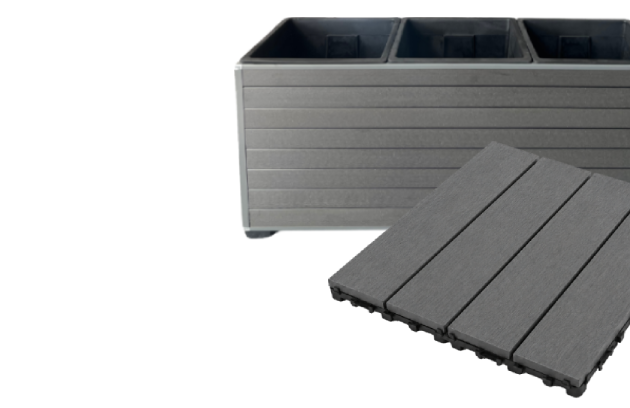 WPC garden essentials including planter box and grey composite deck tile