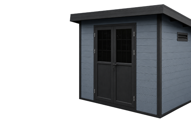 Modern WPC garden shed with bluish grey wall panels, black trim, and double doors
