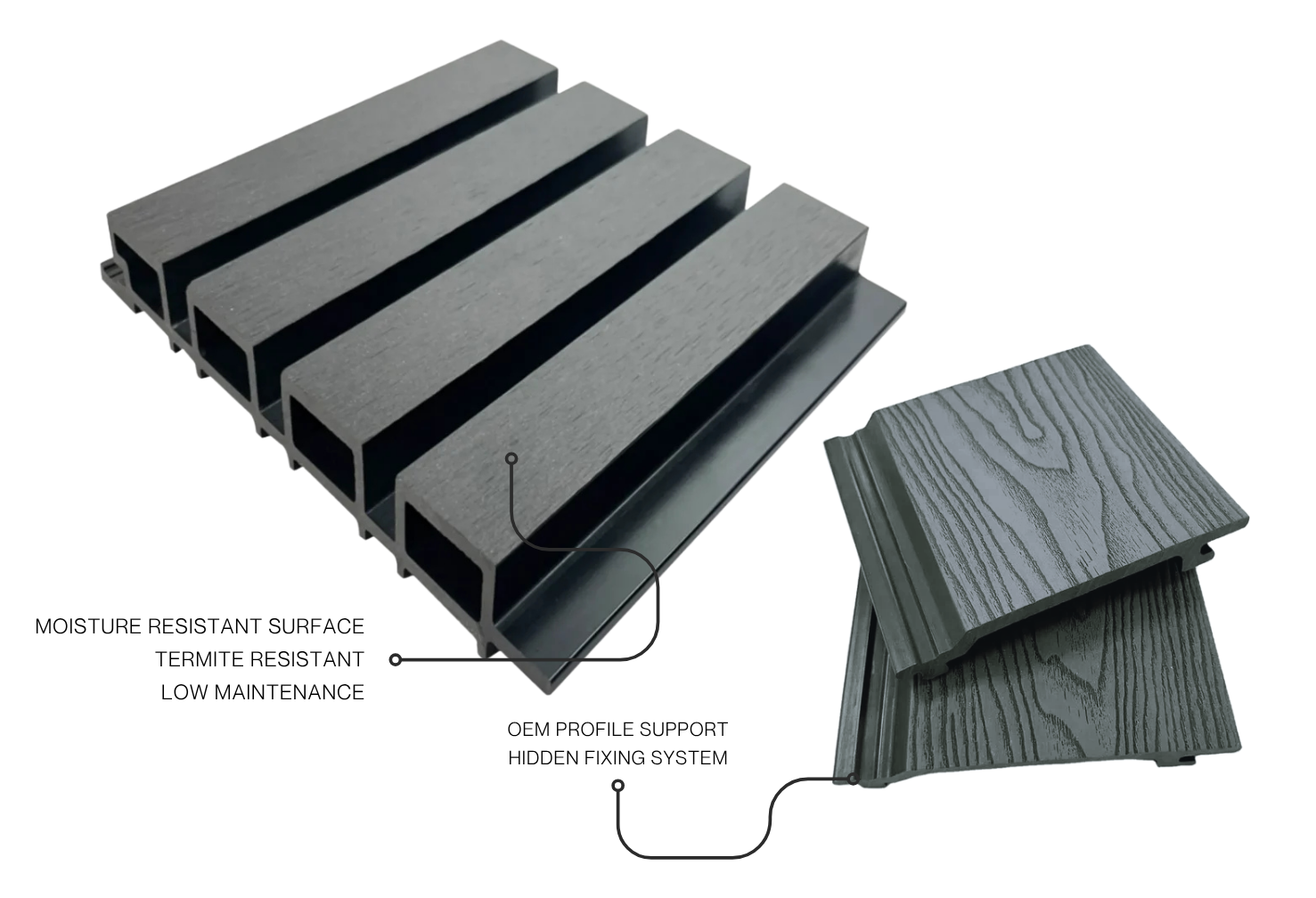 Embossed first generation WPC decking boards showing hollow profile and woodgrain texture