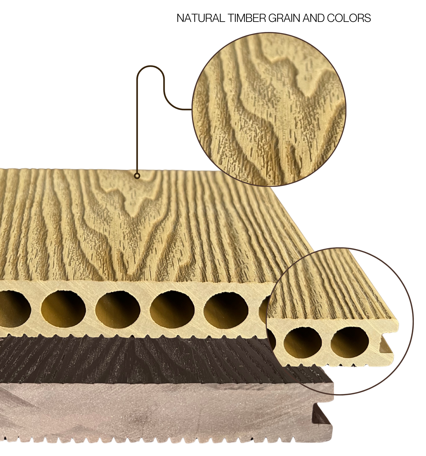 Embossed first generation WPC decking boards showing hollow profile and woodgrain texture