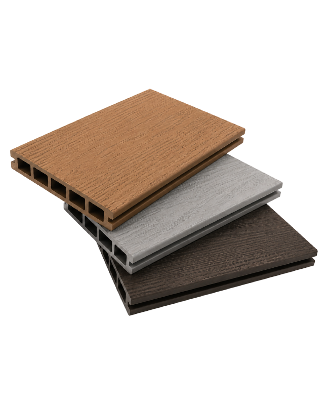Three WPC composite decking board samples in teak brown, light grey and dark walnut with visible hollow-core profiles and woodgrain texture.