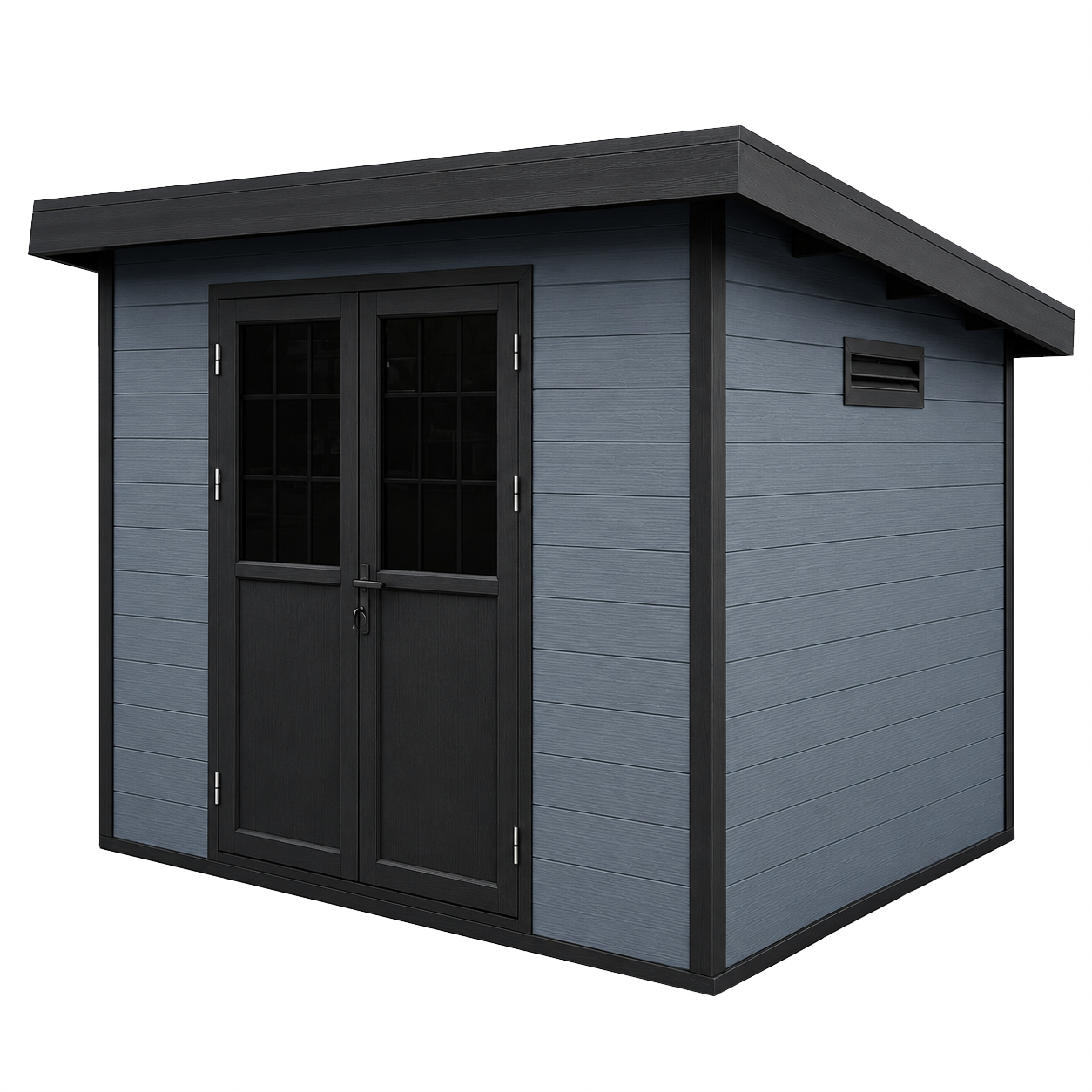 Modern WPC garden shed with bluish grey wall panels, black trim, and double doors