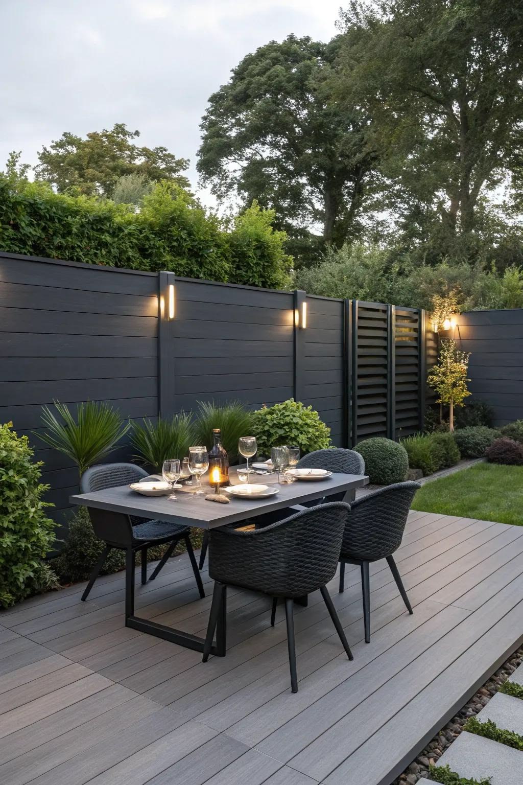 Modern landscaped backyard patio with a dark composite pergola, woven outdoor seating, composite planter box, lawn and garden greenery.