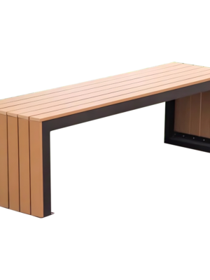 Teak-look WPC outdoor bench with black frame and integrated side supports