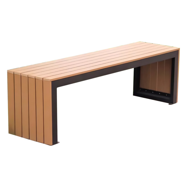 guansen_bench_1 Teak-look WPC outdoor bench with black frame and integrated side supports