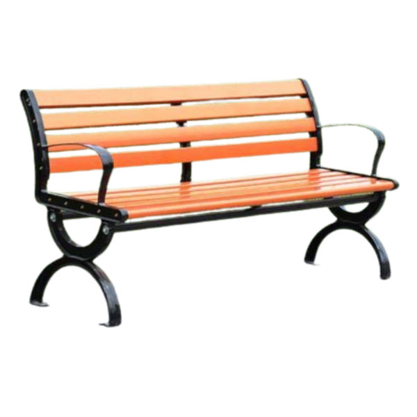 guansen_bench_chair Outdoor park bench with orange WPC slats, black metal armrests, and curved legs