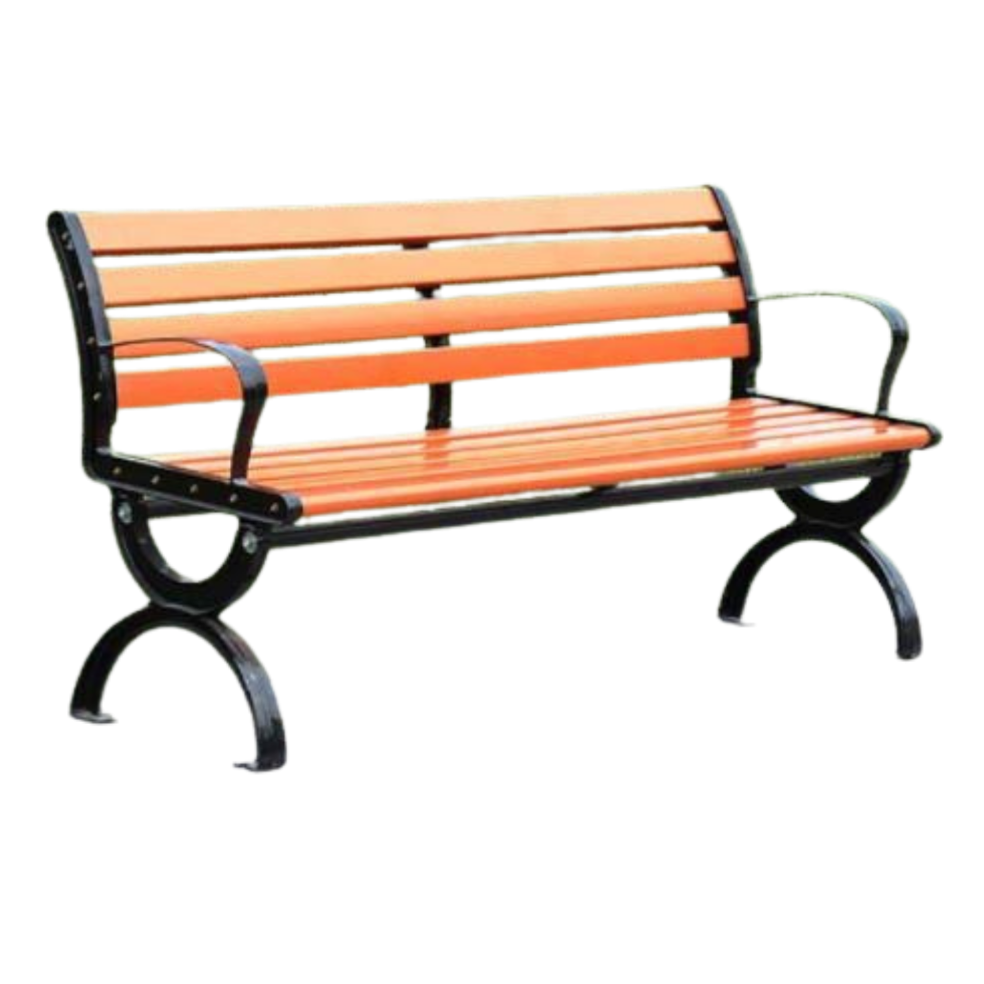 Outdoor park bench with orange WPC slats, black metal armrests, and curved legs