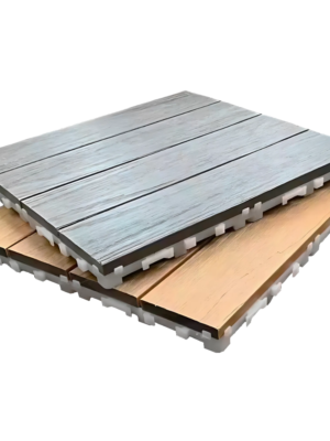 guansen_deck_tile_co_extrusion Co-extrusion WPC deck tiles in grey and teak wood grain finishes with interlocking plastic bases