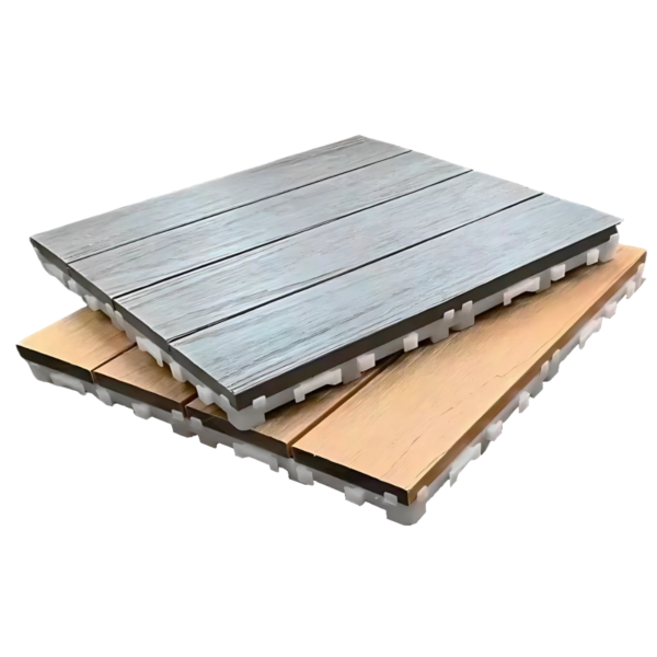 Co-extrusion WPC deck tiles in grey and teak wood grain finishes with interlocking plastic bases
