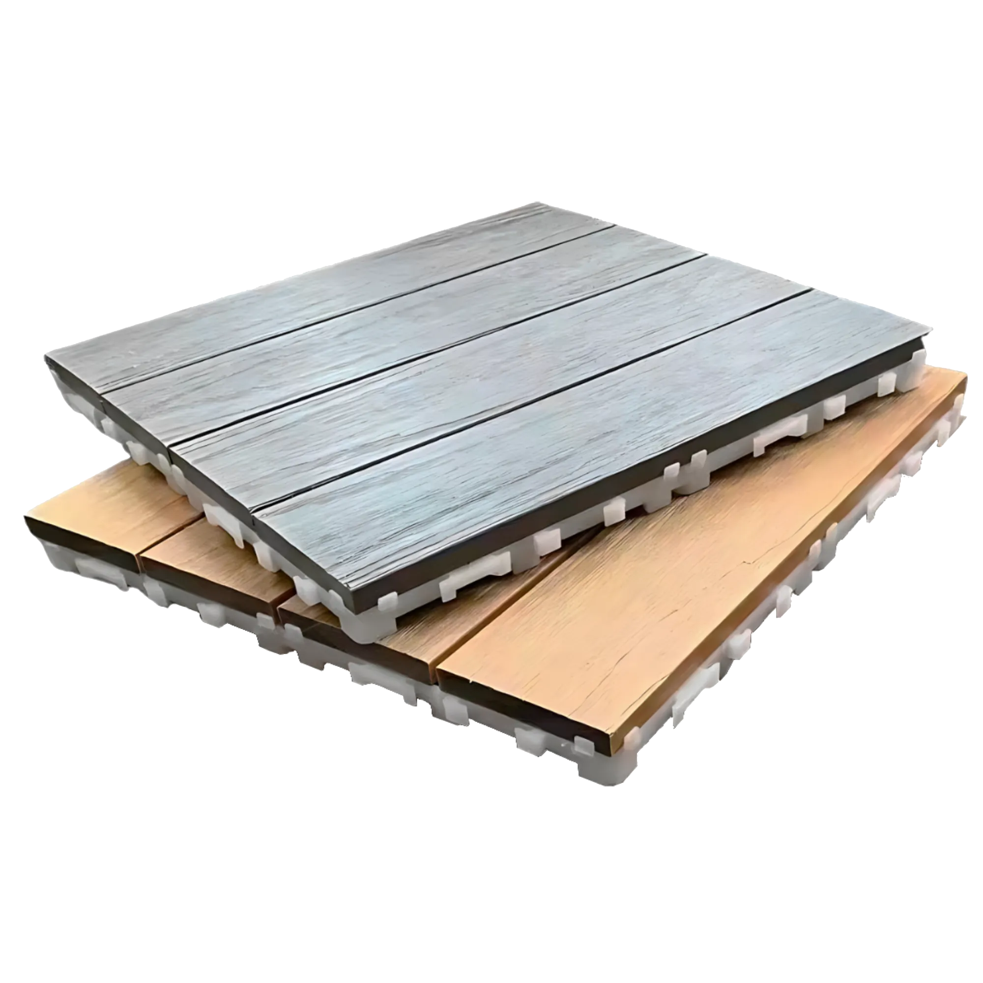 Co-extrusion WPC deck tiles in grey and teak wood grain finishes with interlocking plastic bases