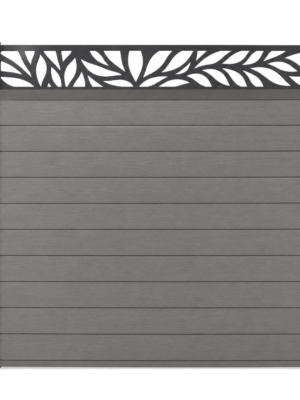 Grey WPC privacy fence panel with dark posts and decorative aluminum leaf-pattern top screen