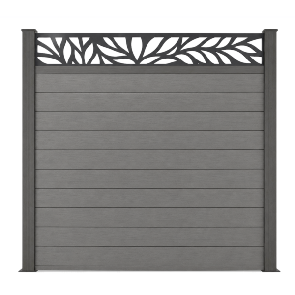 guansen_decorative_fencing_1 Grey WPC privacy fence panel with dark posts and decorative aluminum leaf-pattern top screen