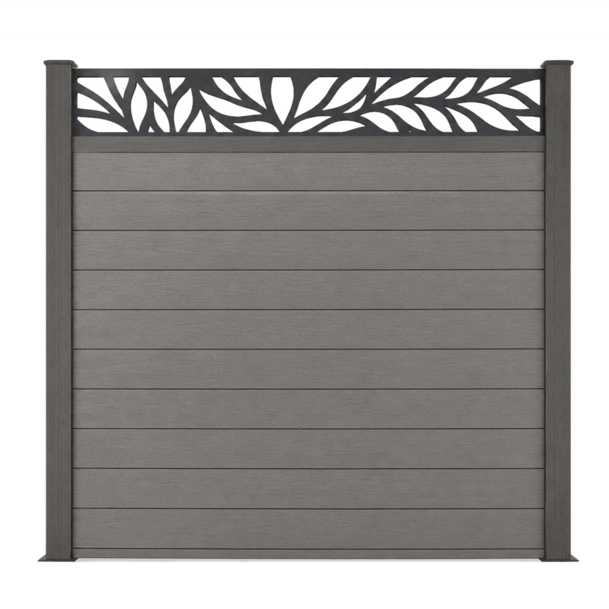 Grey WPC privacy fence panel with dark posts and decorative aluminum leaf-pattern top screen