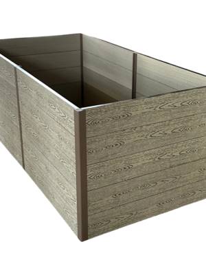 guansen_garden_bed_1 Rectangular WPC raised garden bed with light wood grain boards and brown corner posts