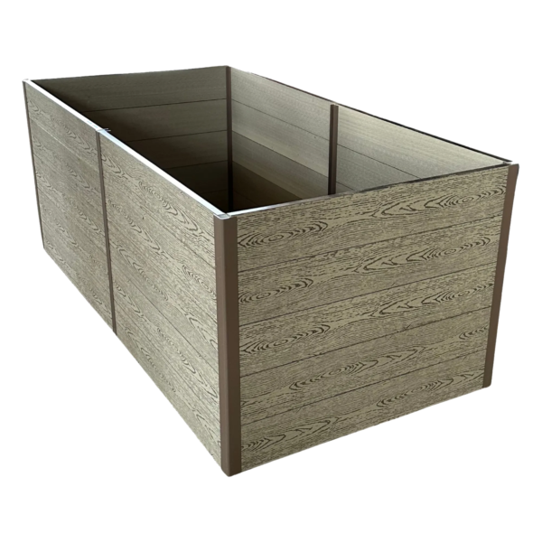 guansen_garden_bed_1 Rectangular WPC raised garden bed with light wood grain boards and brown corner posts