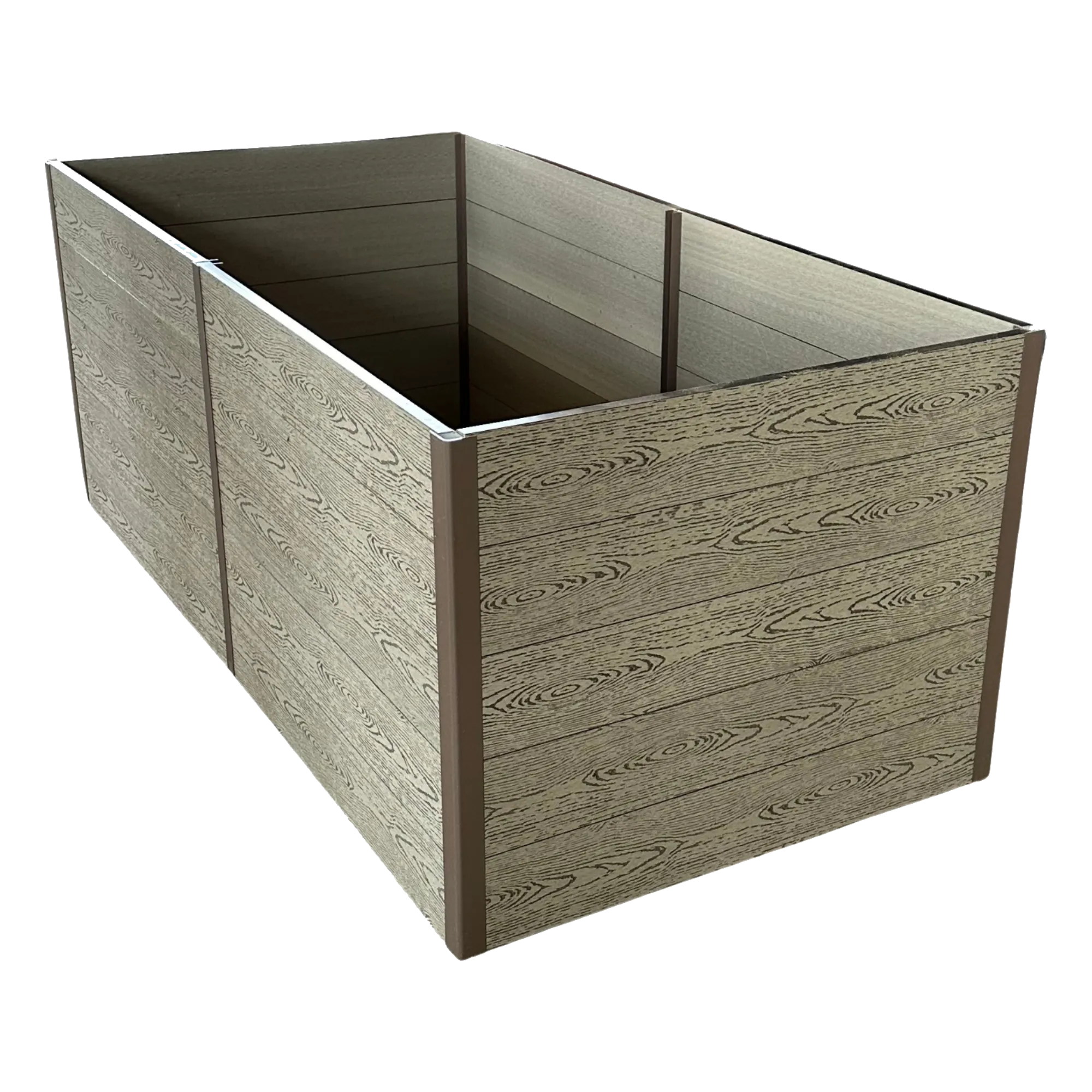 Rectangular WPC raised garden bed with light wood grain boards and brown corner posts