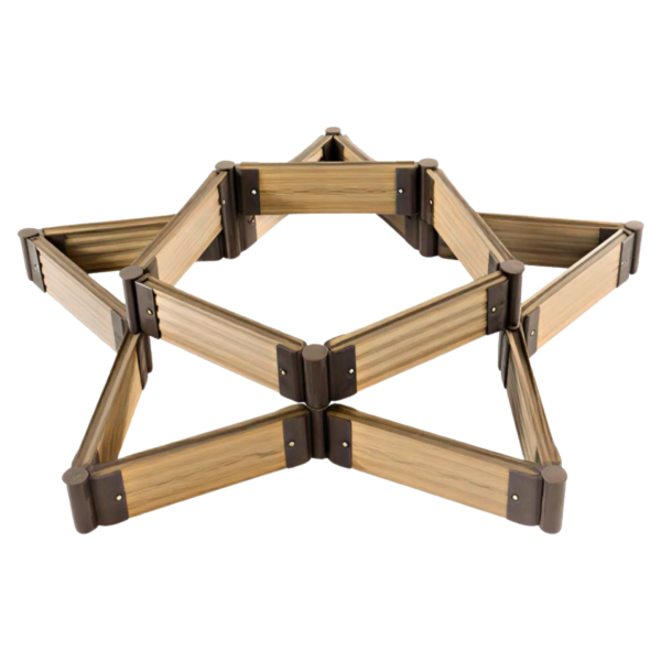 guansen_garden_bed_star Star-shaped modular WPC garden bed with teak wood grain boards and dark connector posts