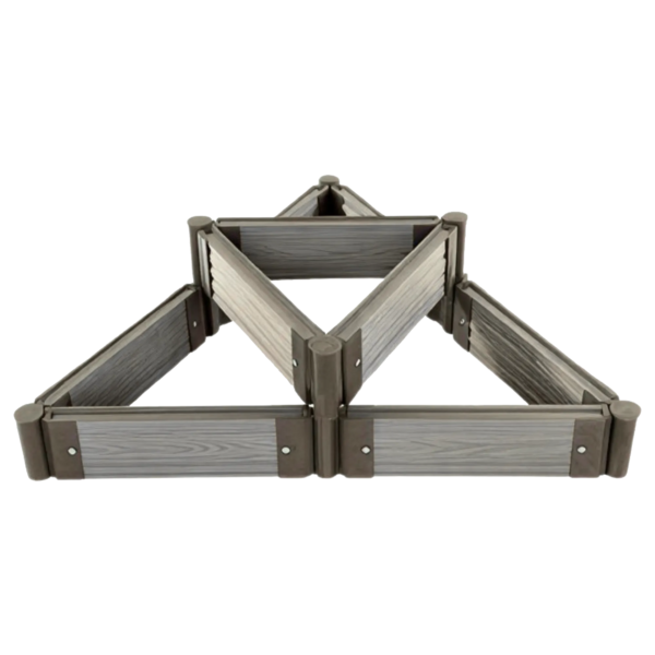 guansen_garden_bed_triangle Modular triangular WPC garden bed kit with grey wood grain boards and round corner posts