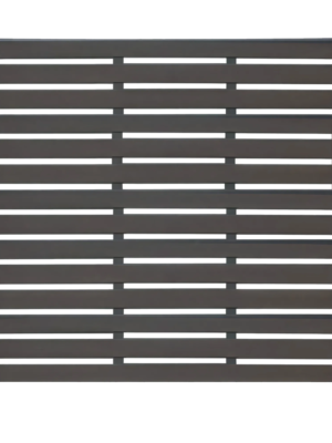 Dark WPC horizontal slat fence panel with evenly spaced gaps and black side posts