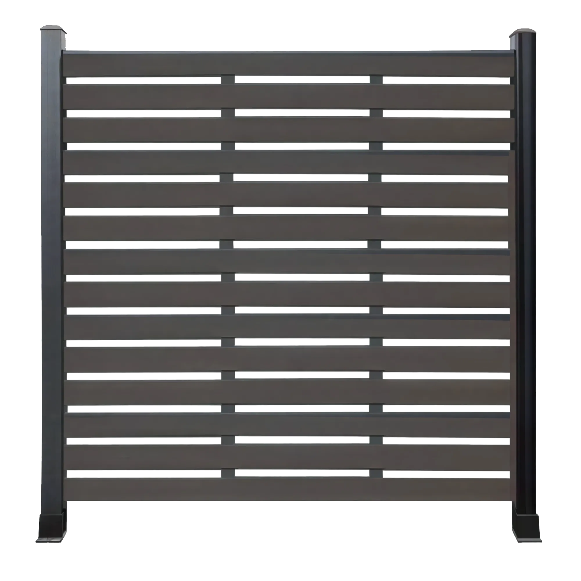 Dark WPC horizontal slat fence panel with evenly spaced gaps and black side posts