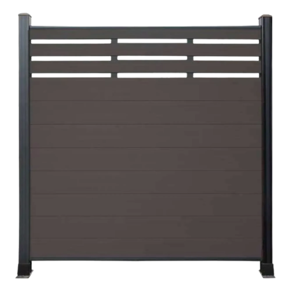 Dark grey WPC hybrid fence panel with horizontal privacy boards and narrow top ventilation slats
