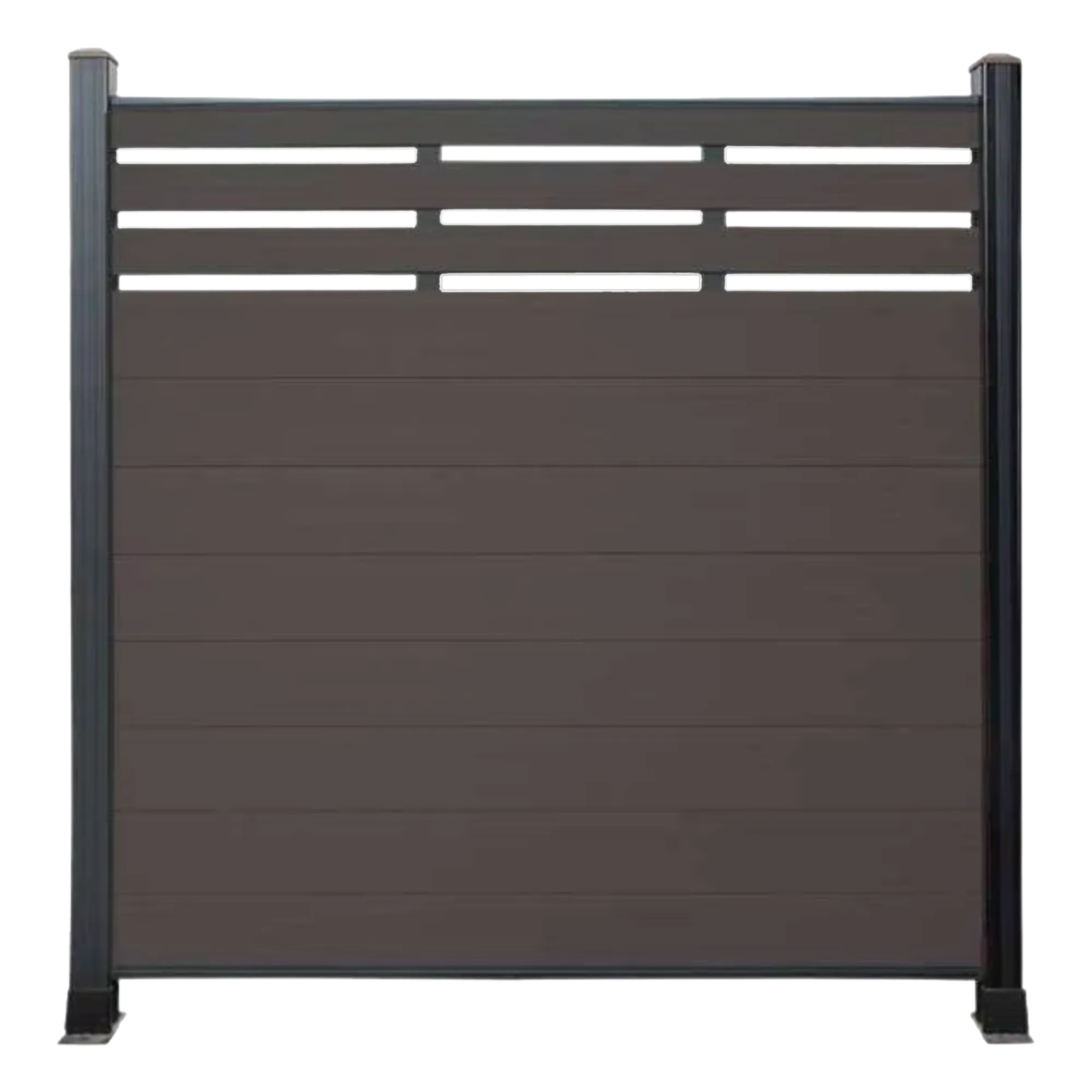 Dark grey WPC hybrid fence panel with horizontal privacy boards and narrow top ventilation slats