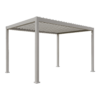 White aluminum pergola with louvered roof, square posts, and modern outdoor shade structure