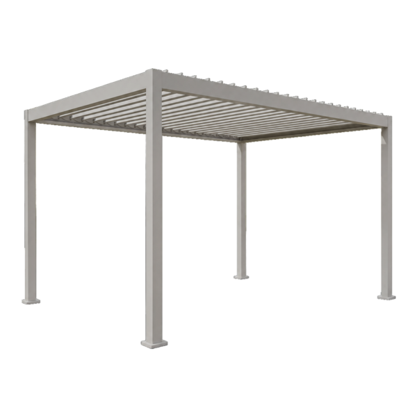 White aluminum pergola with louvered roof, square posts, and modern outdoor shade structure