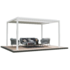 White aluminum pergola with louvered roof, outdoor seating set, and WPC decking platform for patio shade area.