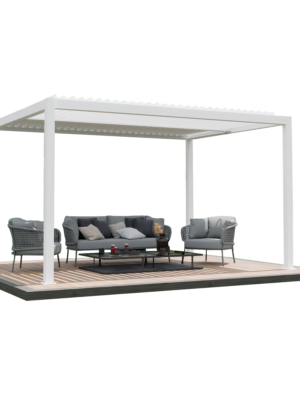 White aluminum pergola with louvered roof, outdoor seating set, and WPC decking platform for patio shade area.