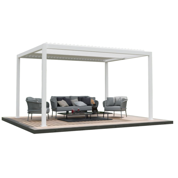 White aluminum pergola with louvered roof, outdoor seating set, and WPC decking platform for patio shade area.
