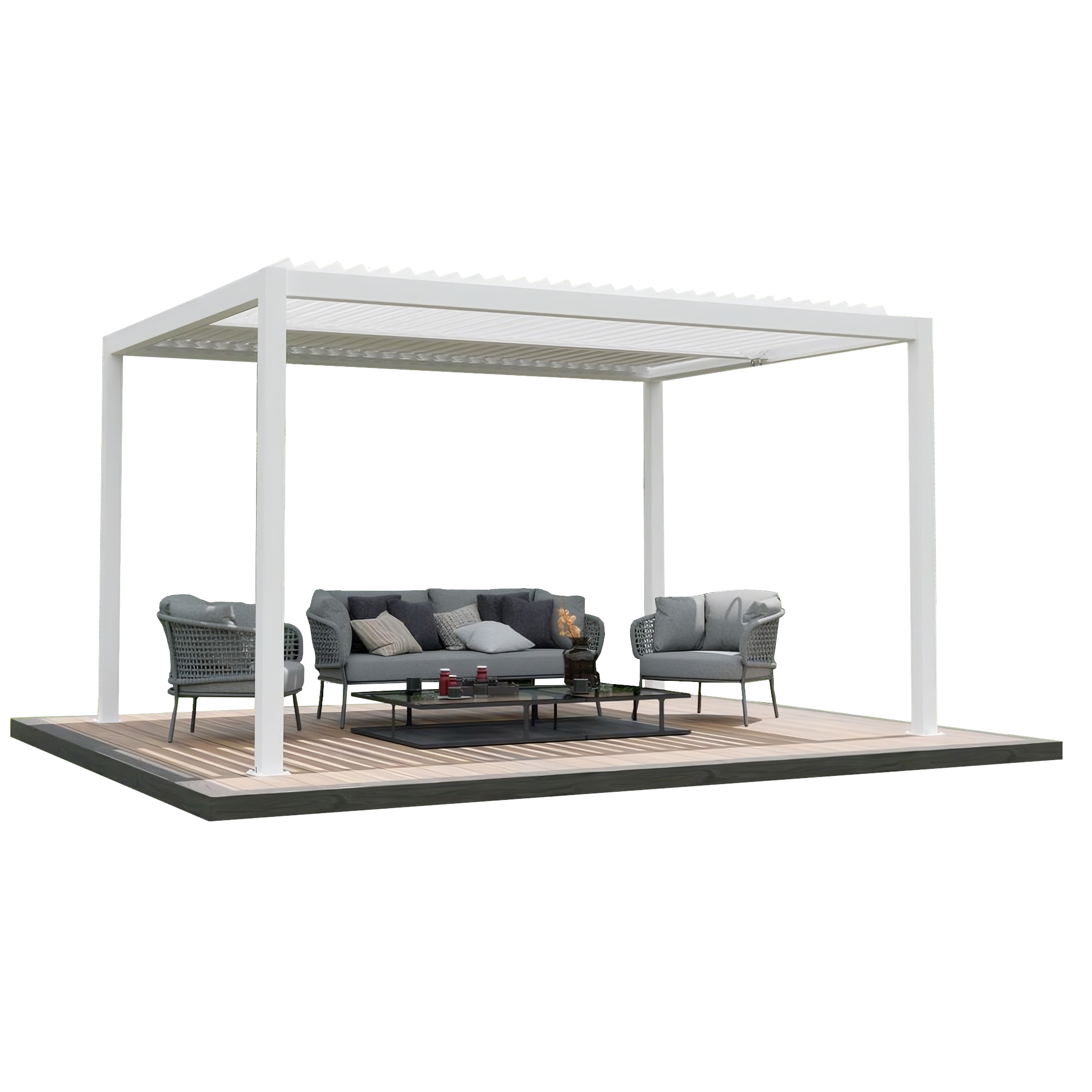 White aluminum pergola with louvered roof, square posts, and modern outdoor shade structure