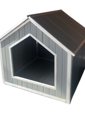 Grey WPC pet house with pitched roof, open entrance, and white trim