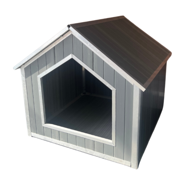 Grey WPC pet house with pitched roof, open entrance, and white trim