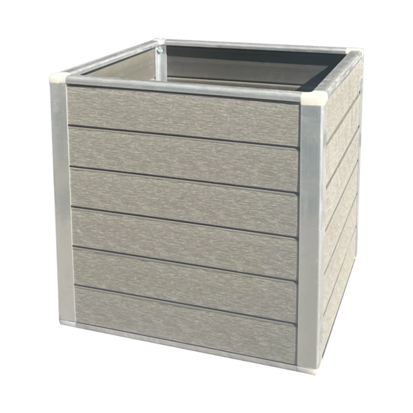 Square WPC planter box with light grey wood grain panels and silver corner posts