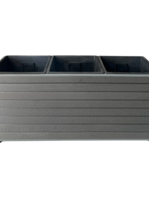 guansen_planter_box_wide Wide grey WPC planter box with three planting compartments and horizontal composite boards