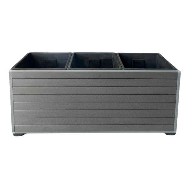 Wide grey WPC planter box with three planting compartments and horizontal composite boards