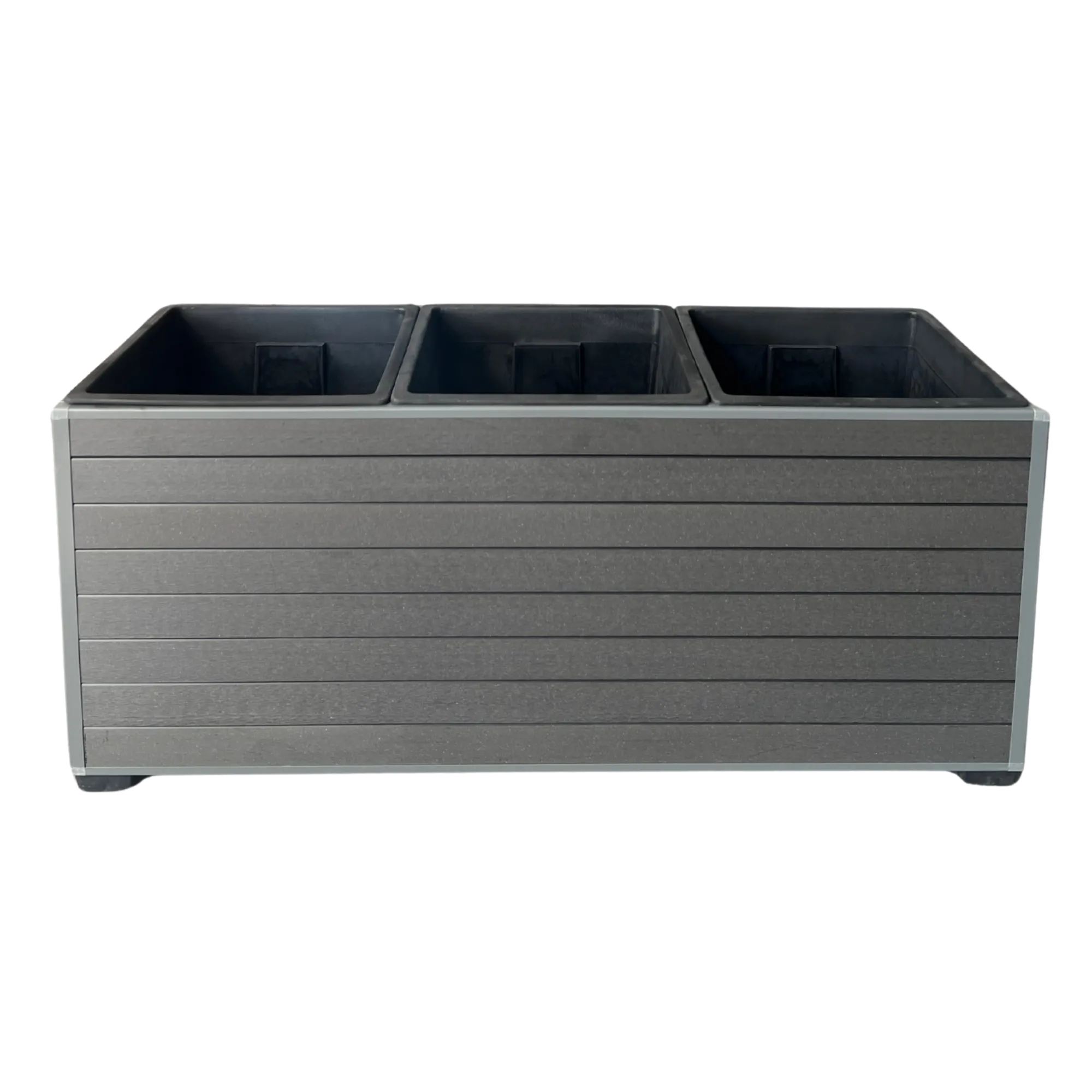 Wide grey WPC planter box with three planting compartments and horizontal composite boards