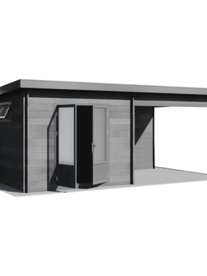 guansen_premium_shed_house_1 Premium WPC shed house with extended roof, double doors, side window, and covered outdoor area