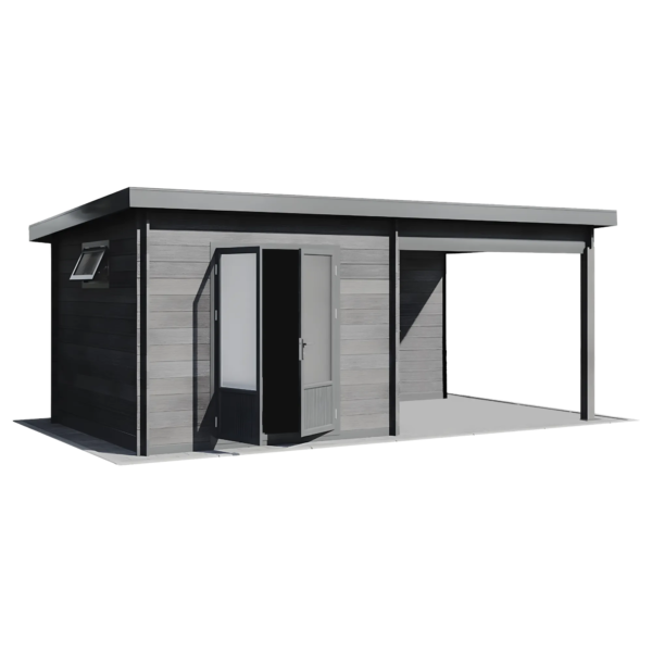 guansen_premium_shed_house_1 Premium WPC shed house with extended roof, double doors, side window, and covered outdoor area