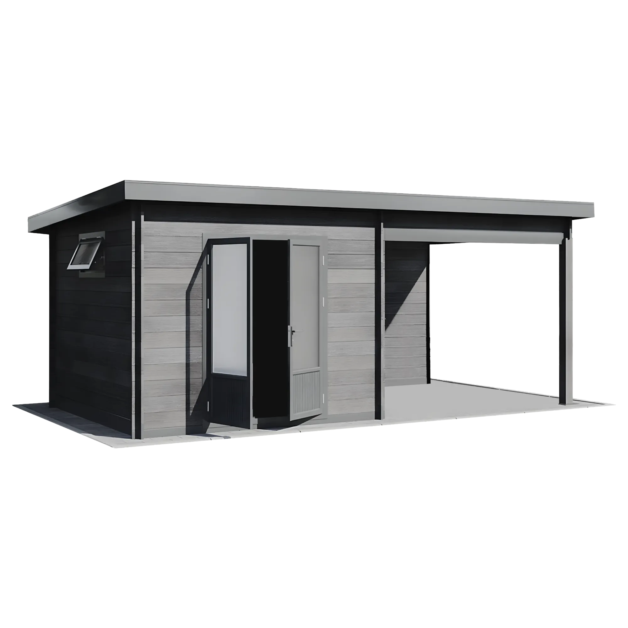 Premium WPC shed house with extended roof, double doors, side window, and covered outdoor area
