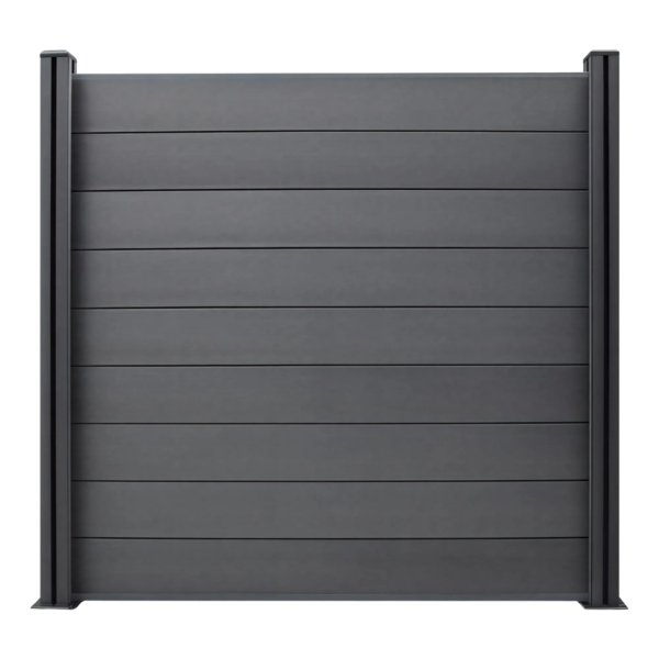 Solid grey WPC privacy fence panel with horizontal composite boards and black aluminum posts