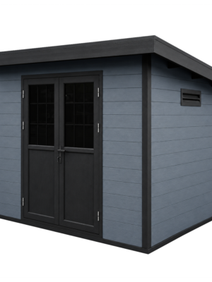 guansen_small_shed_1 Compact WPC garden shed with blue-grey wall panels, black double doors, and sloped roof