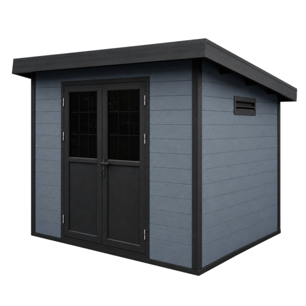 guansen_small_shed_1 Compact WPC garden shed with blue-grey wall panels, black double doors, and sloped roof