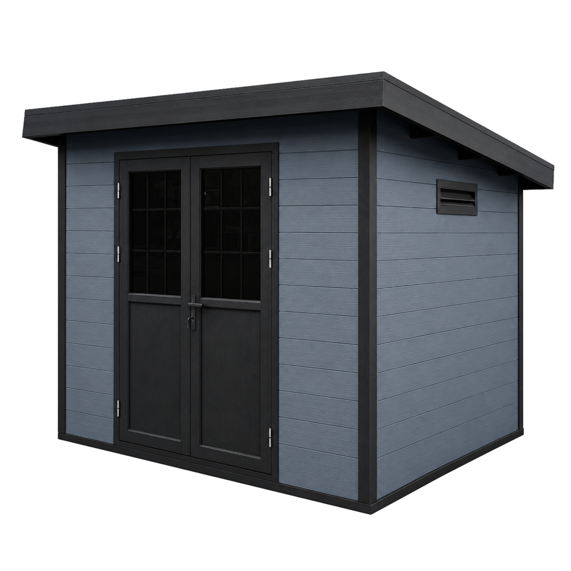 Compact WPC garden shed with blue-grey wall panels, black double doors, and sloped roof