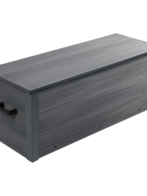 guansen_storage_unit_1 Grey WPC outdoor storage box with wood grain panels, flat lid, and side handle