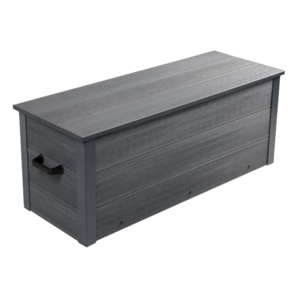 Grey WPC outdoor storage box with wood grain panels, flat lid, and side handle