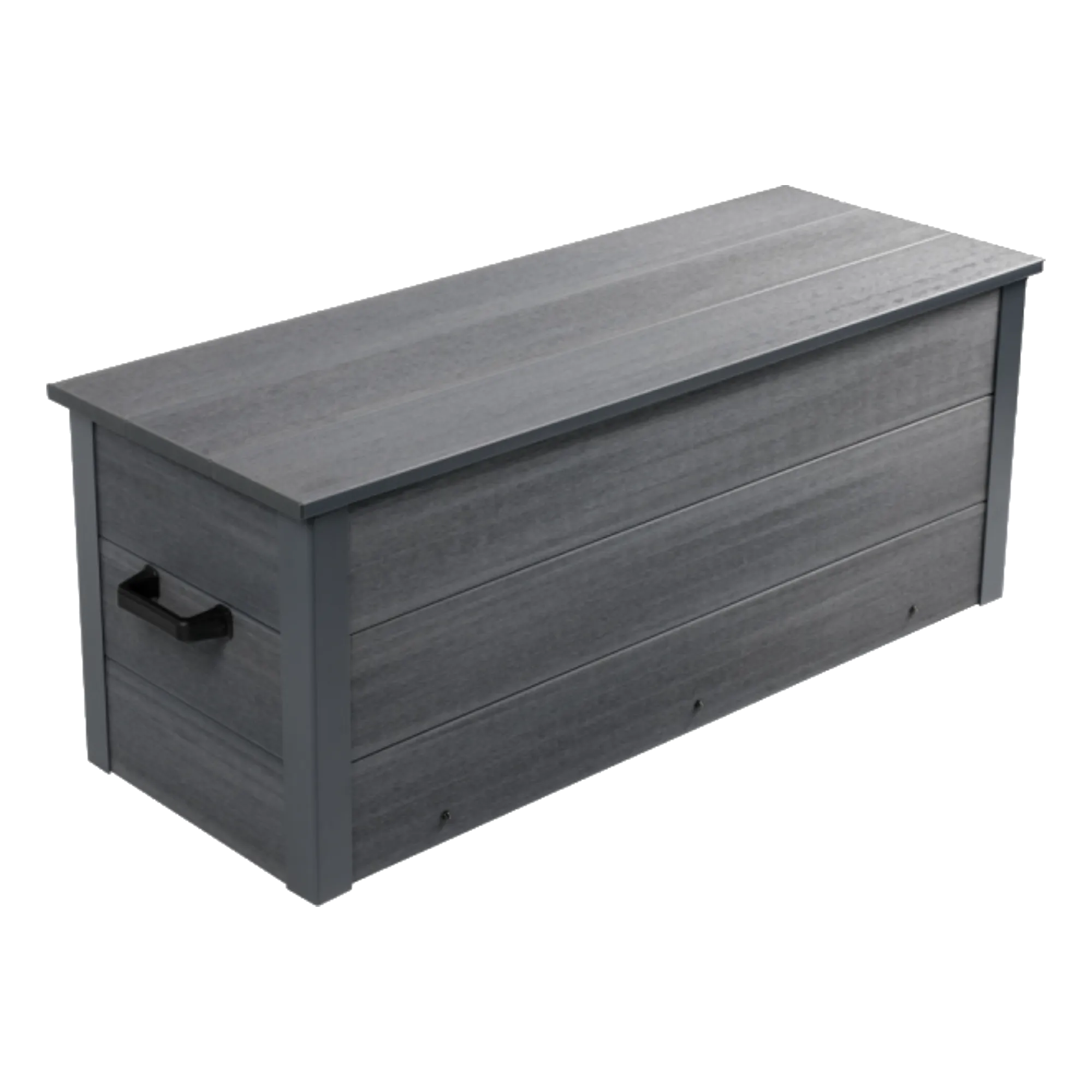 Grey WPC outdoor storage box with wood grain panels, flat lid, and side handle
