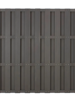 Grey vertical slat WPC fence panel with framed support rails and visible fixing screws